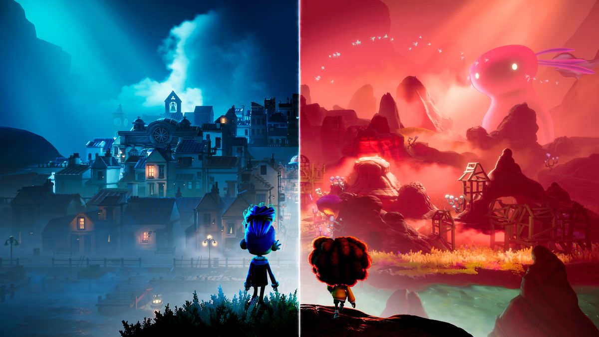 In split-screen one child looks at a spooky town and another looks at a dream-like village with a giant