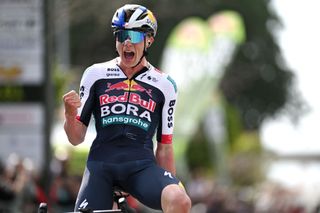 CUEVA DE NERJA SPAIN FEBRUARY 19 Maxim Van Gils of Belgium and Team Red Bull BORA hansgrohe celebrates at finish line as stage winner during the 71st Vuelta a Andalucia Ruta Ciclista Del Sol 2025 Stage 1 a 1626km stage from Torrox to Cueva de Nerja 126m on February 19 2025 in Cueva de Nerja Spain Photo by Szymon GruchalskiGetty Images