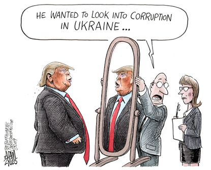 Political Cartoon U.S. Trump Look Into Ukraine Corruption Mirror
