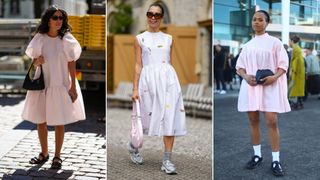 Split image of women wearing white and pale pink voluminous cotton dresses and flat shoes for summer