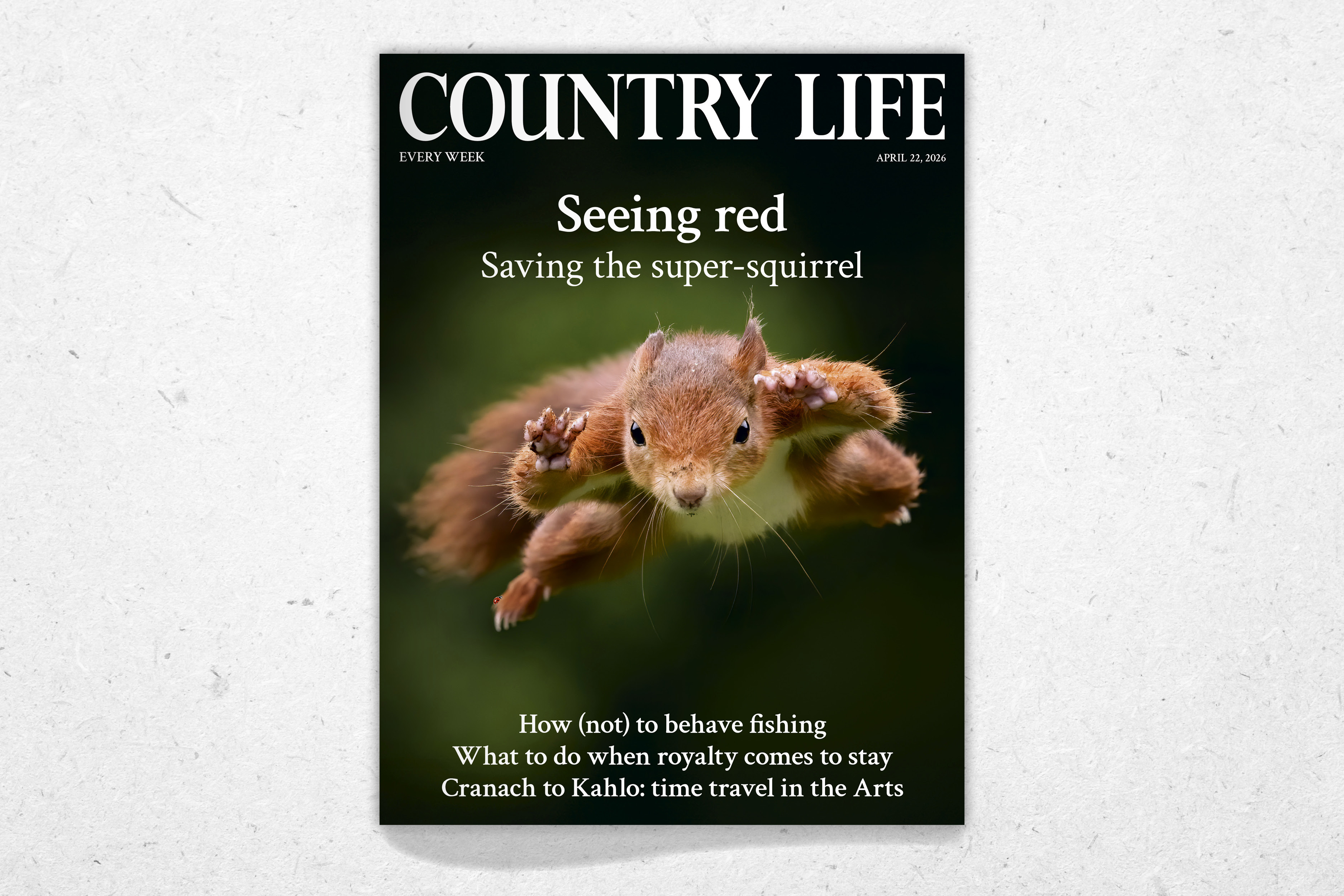 Cover of Country Life 22 April 2026, featuring a leaping red squirrel photographed by Terry Donnelly.