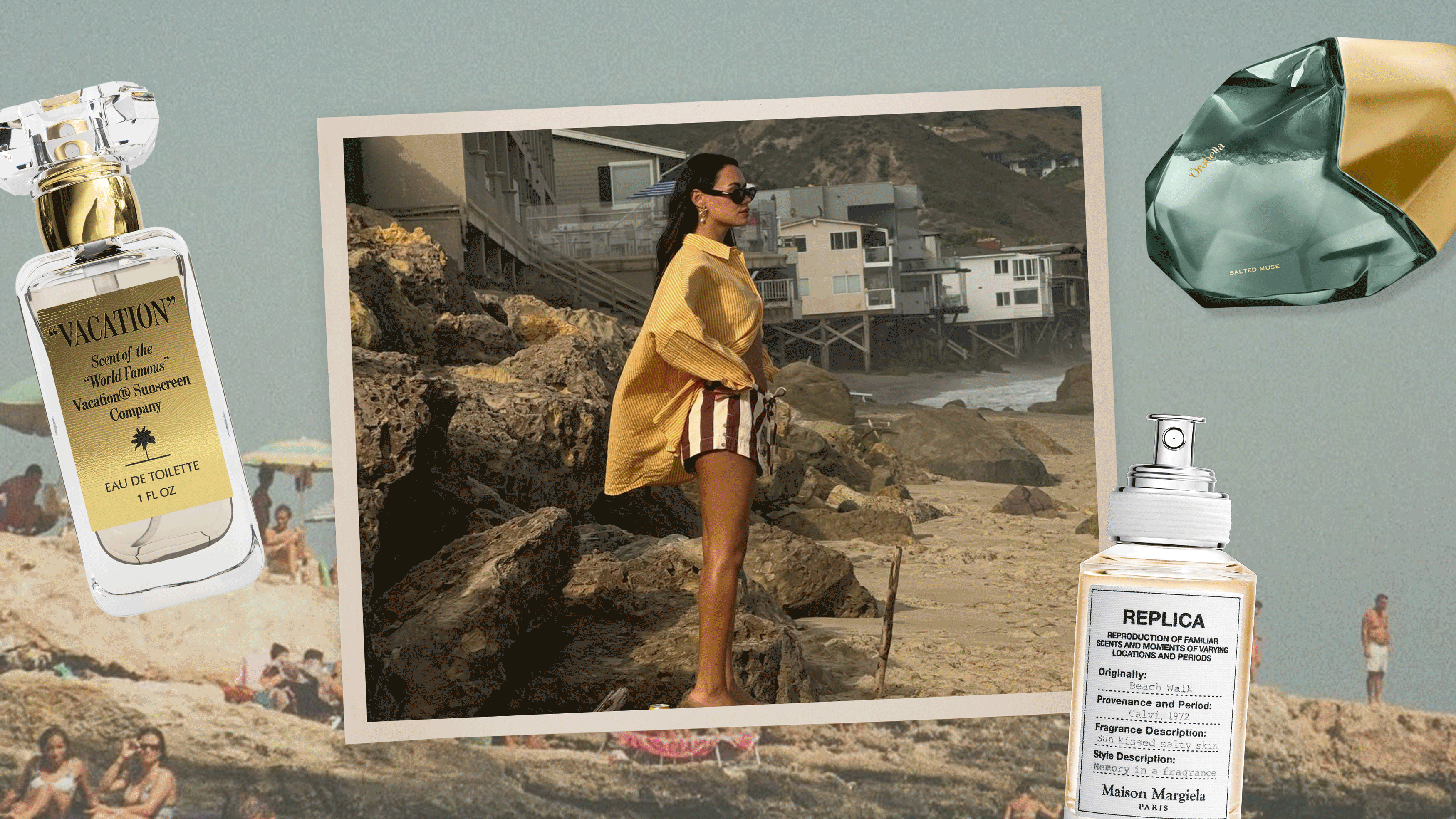 Alternating images of women in tropical beach locations within a postcard, flanked by beachy perfumes set on a beach backdrop.