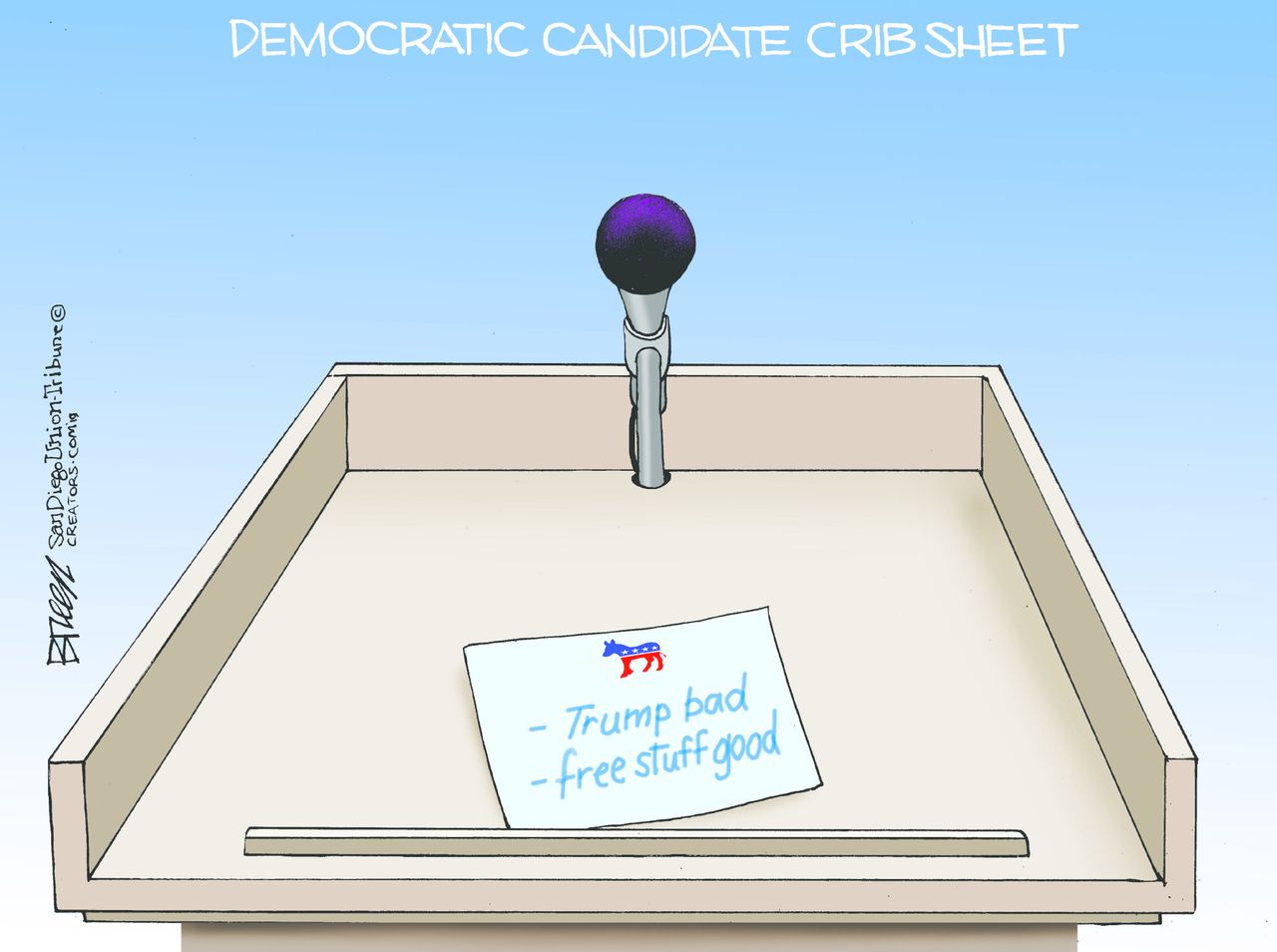 Political Cartoon Democratic Debate Crib Sheet Trump Bad Free Stuff Good