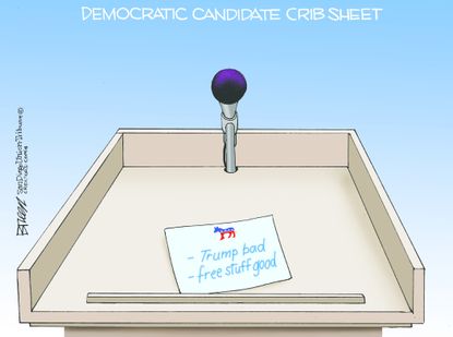 Political Cartoon Democratic Debate Crib Sheet Trump Bad Free Stuff Good