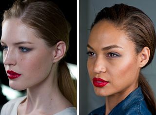 The theme of all-American glamour revisited was given a perfect outing at Diane Von Furstenberg when lead makeup artist James Kaliardos pitted the girls’ pouty red lips against black metallic eye shadow