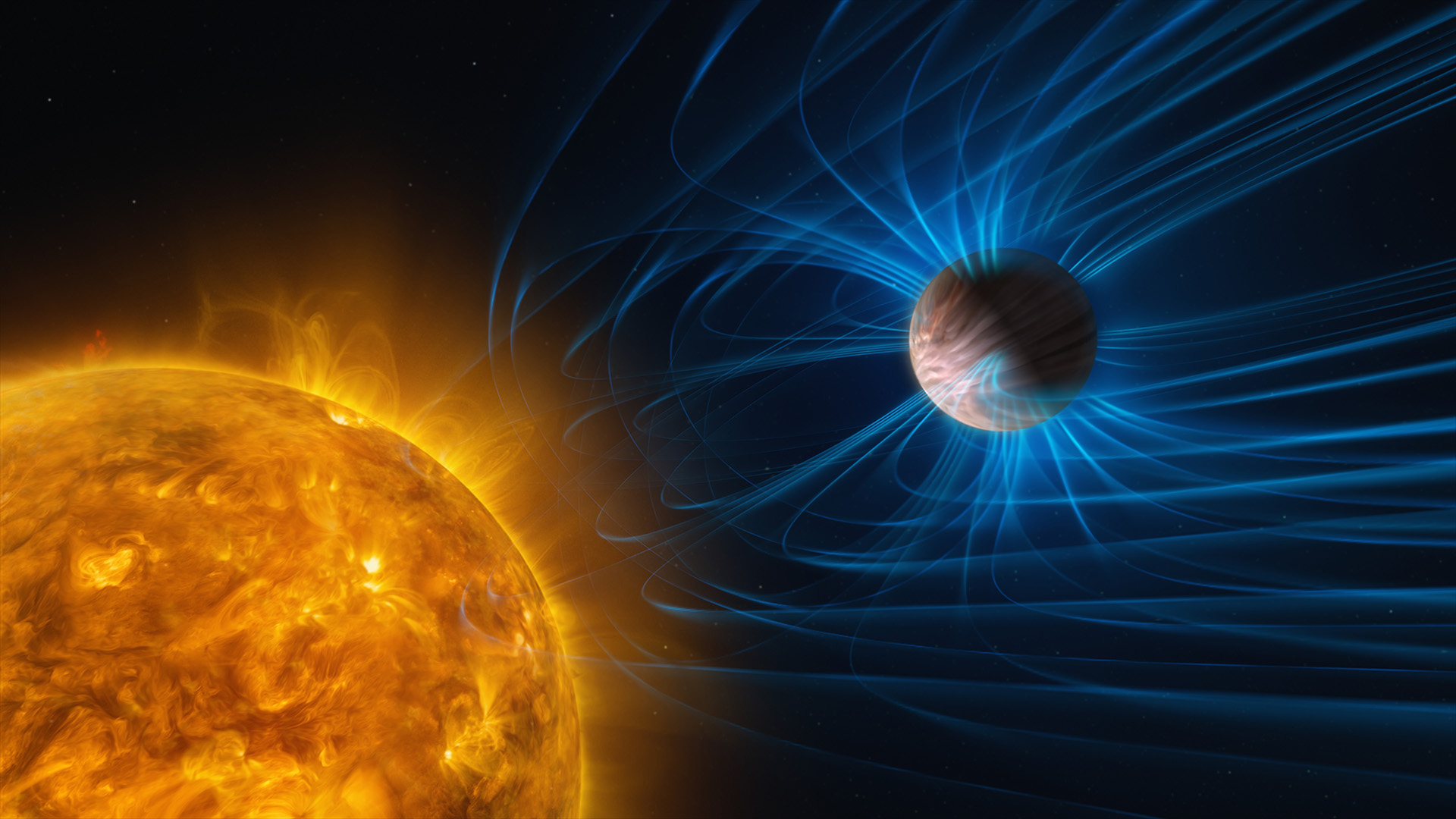 An illustration of an exoplanet with a blue glowing magnetic field next to a large glowing sun.