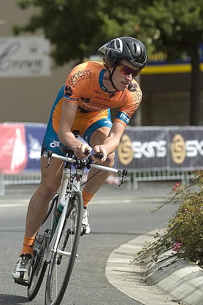 Ben Grieve-Johnson from Tasmania corners out of the home straight in Buninyong during the men's open time trial championship.