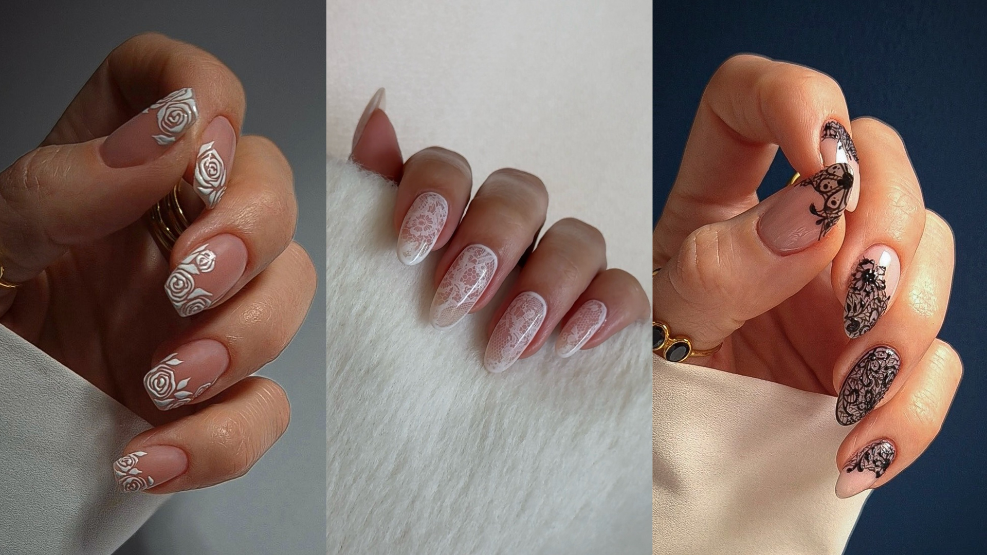 Photo collage of sheer lace nail looks 