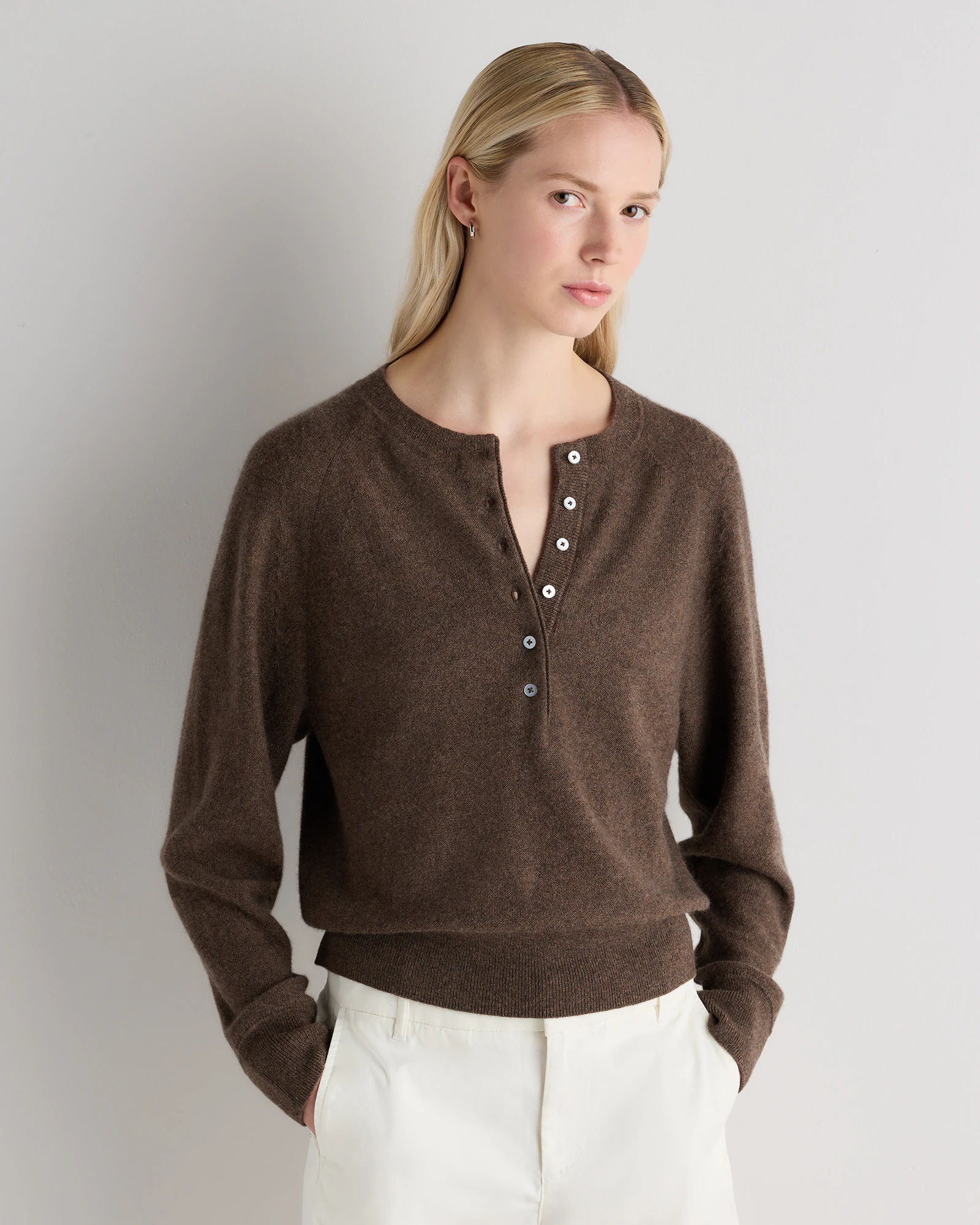 100% Mongolian Cashmere Dolman Sleeve Henley Sweater in Brown, Size Xs