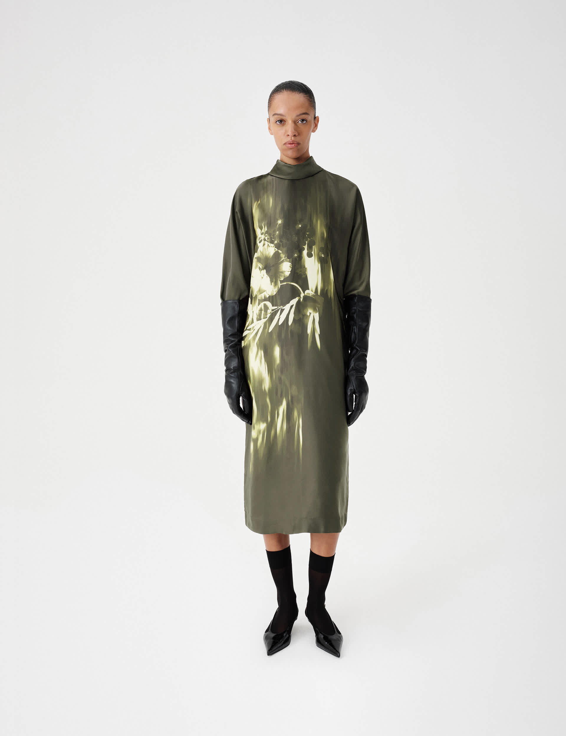 Floral Funnel Neck Midi Satin Column Dress