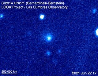 Comet C/2014 UN271 (Bernardinelli-Bernstein), as seen in a synthetic color composite image made with the Las Cumbres Observatory 1-meter telescope at Sutherland, South Africa, on 22 June 2021. The diffuse cloud is the comet’s coma. 