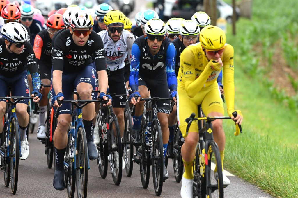 COLOMBEYLESDEUXEGLISES FRANCE JULY 06 LR Jonas Vingegaard Hansen of Denmark Wout Van Aert of Belgium and Team Visma Lease a Bike Adam Yates of The United Kingdom and UAE Team Emirates Nelson Oliveira of Portugal and Movistar Team compete during the 111th Tour de France 2024 Stage 8 a 1834km stage from SemurenAuxois to ColombeylesDeuxEglises 352m UCIWT on July 06 2024 in ColombeylesDeuxEglises France Photo by Dario BelingheriGetty Images