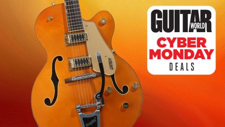 A Gretsch G5420TG-59 Electromatic Hollowbody guitar, set against an orange fade background