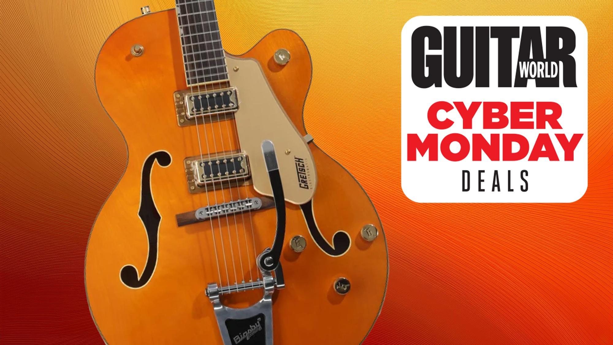 A Gretsch G5420TG-59 Electromatic Hollowbody guitar, set against an orange fade background