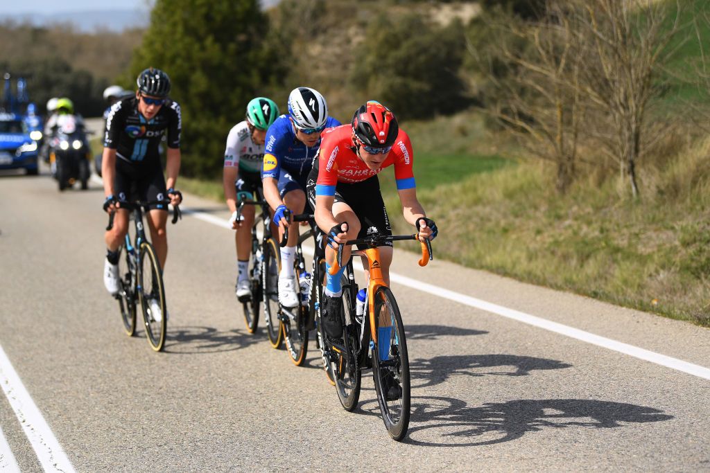MANRESA SPAIN MARCH 26 Rmi Cavagna of France and Team Deceuninck QuickStep Ide Schelling of Netherlands and Team BORA Hansgrohe Thymen Arensman of Netherlands and Team DSM Matej Mohoric of Slovenia and Team Bahrain Victorious during the 100th Volta Ciclista a Catalunya 2021 Stage 5 a 2015km stage from La Pobla De Segur to Manresa 220m Breakaway VoltaCatalunya100 on March 26 2021 in Manresa Spain Photo by David RamosGetty Images