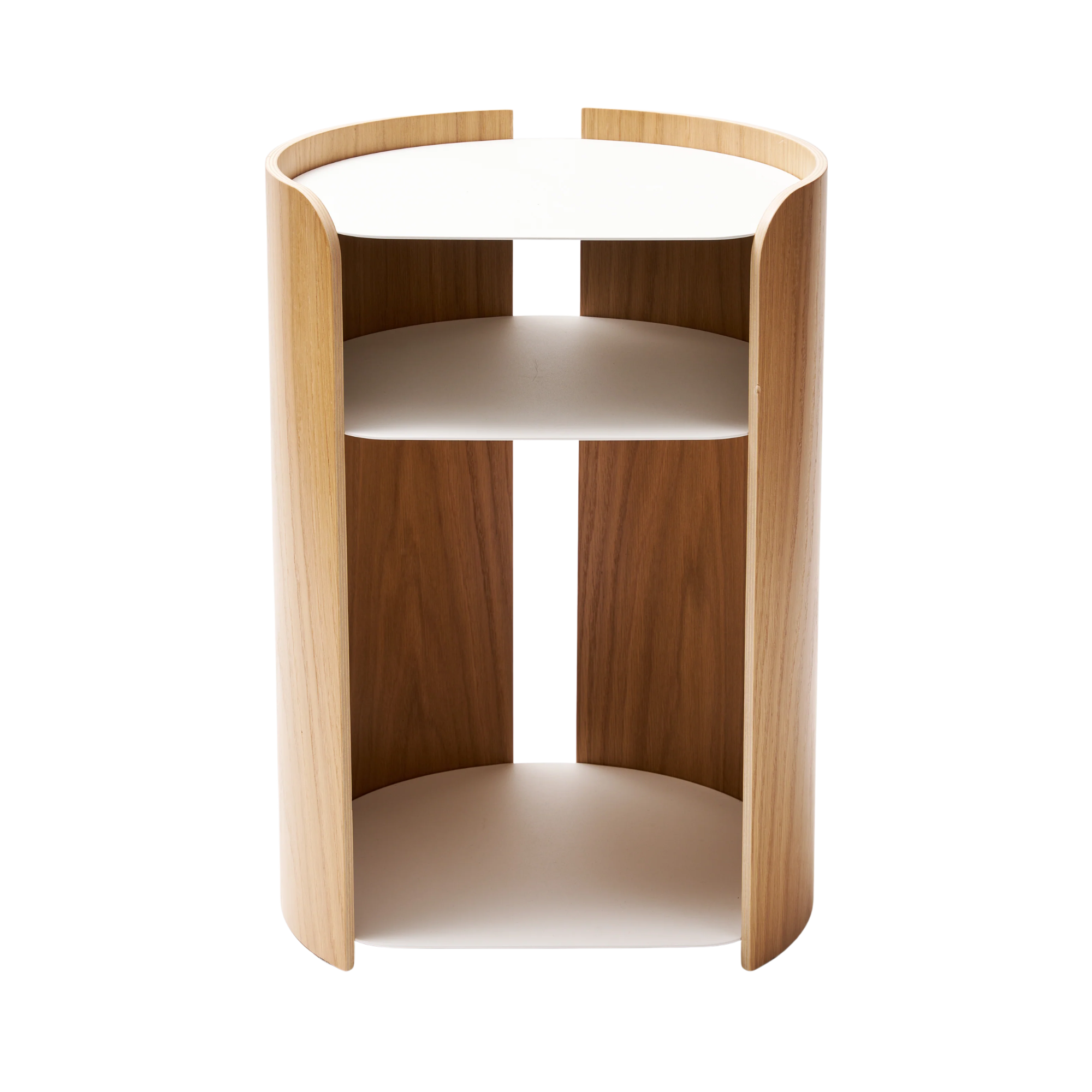 a round side table with open shelves