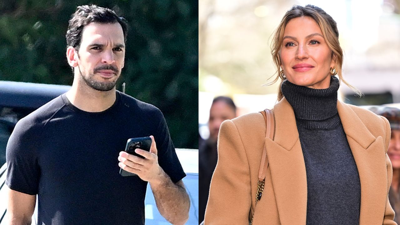 Gisele wearing a turtleneck and smiling next to a photo of her boyfriend Joaquim Valente in a black t-shirt