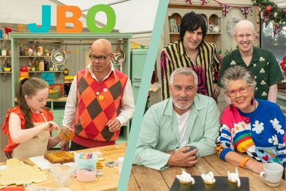 Harry Hill presenting Junior Bake Off split layout with Noel Fielding, Matt Lucas, Paul Hollywood and Prue Leith on Great British Bake Off