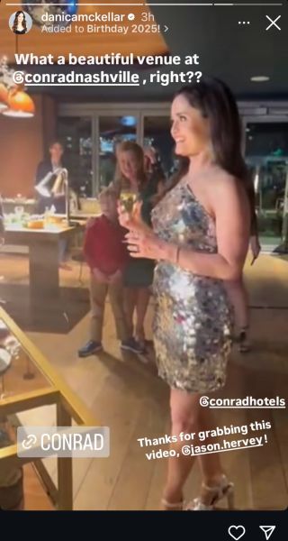 Danica McKellar standing at her birthday party in a metalic silver dress holding a glass and smiling.