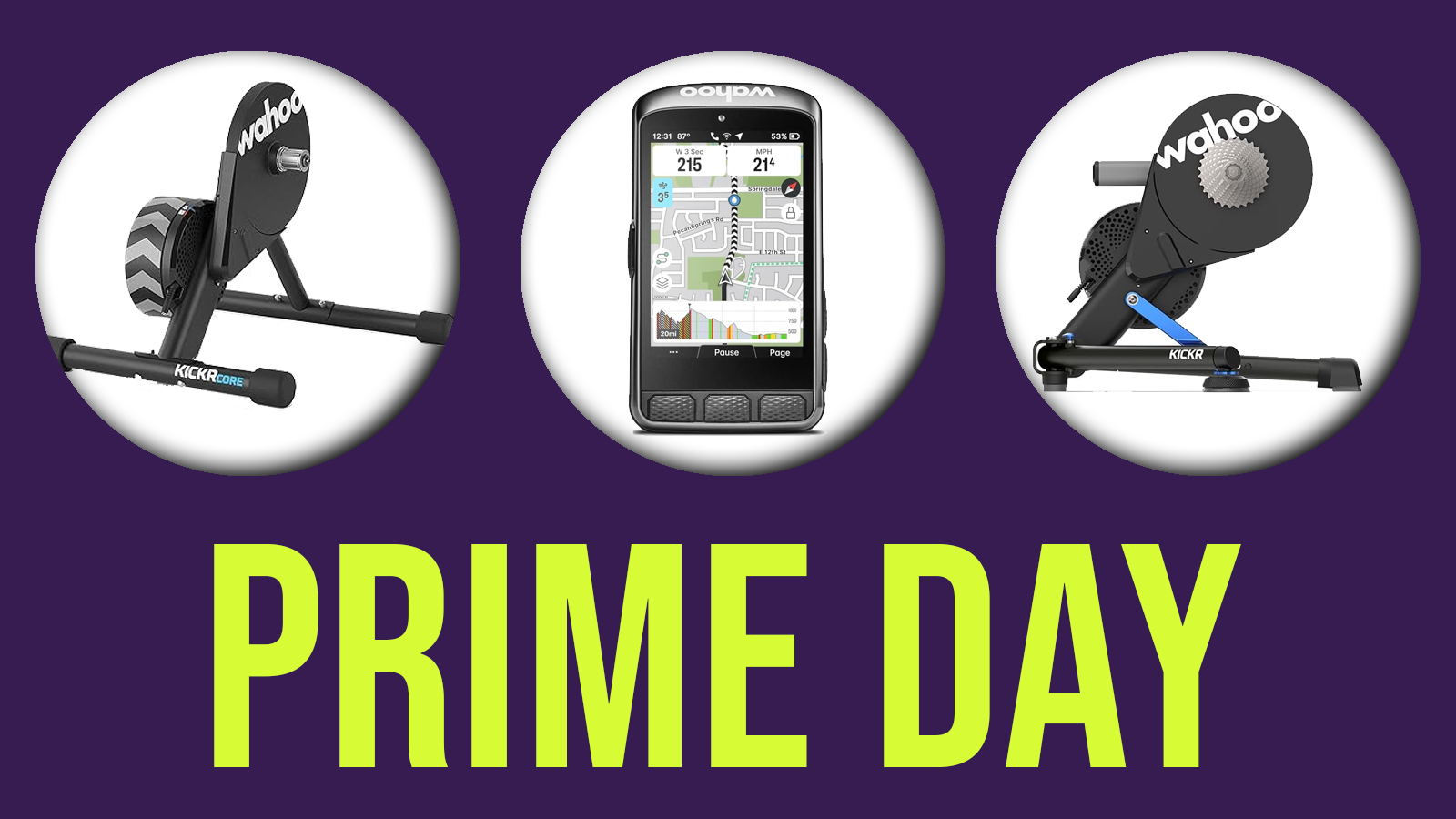 A prime day banner overlaid with three images of Wahoo products