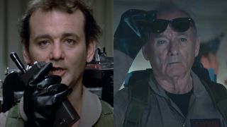 Side by side of Peter in Ghostbusters and older Peter in Ghostbusters: Frozen Empire