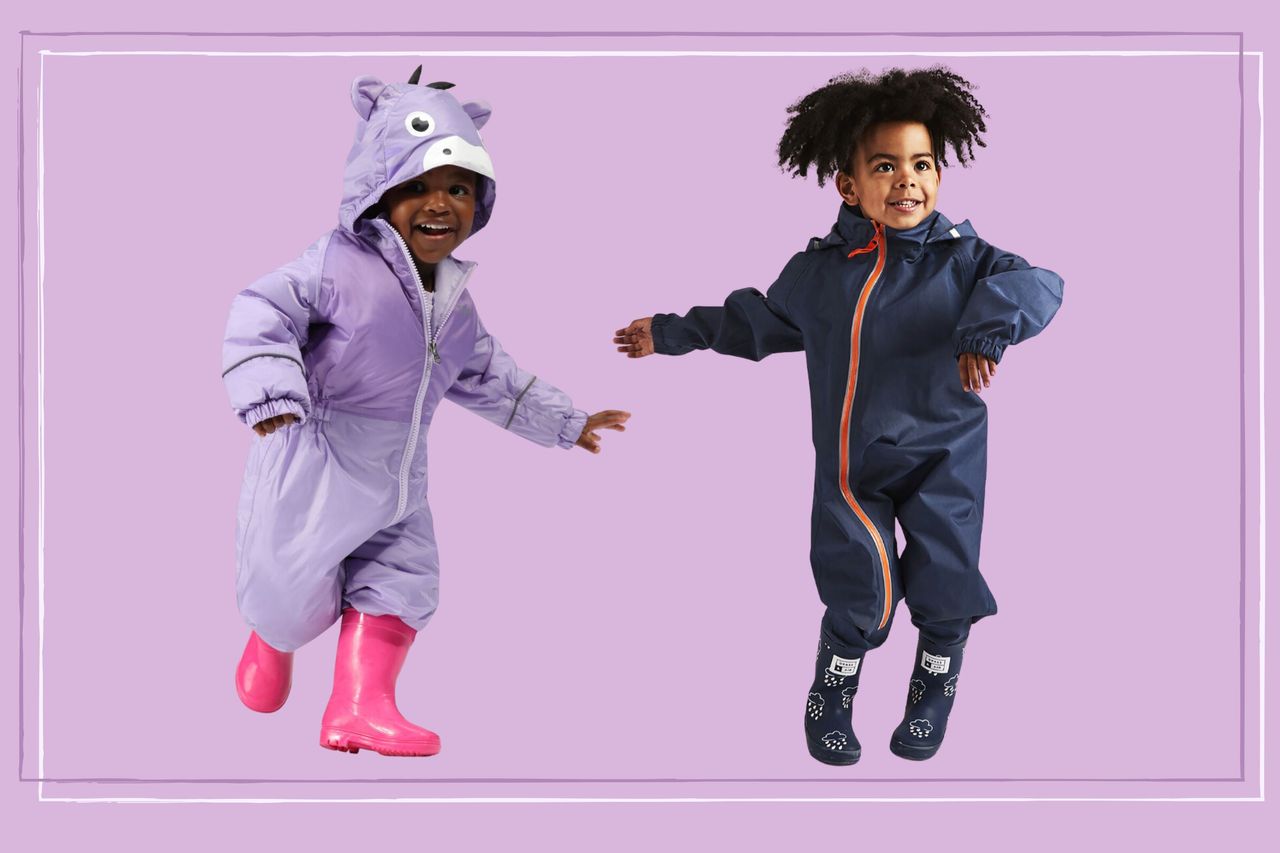 Two kids in the best kids&#039; puddle suits jumping