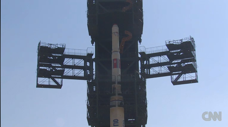 This still from a CNN broadcast shows North Korea&#039;s Unha-3 rocket, which country officials say will launch a satellite into orbit in April 2012.