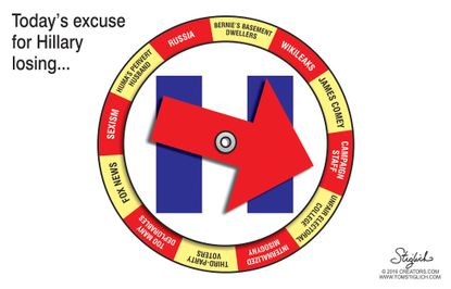 Political cartoon U.S. 2016 election Hillary Clinton loss excuses