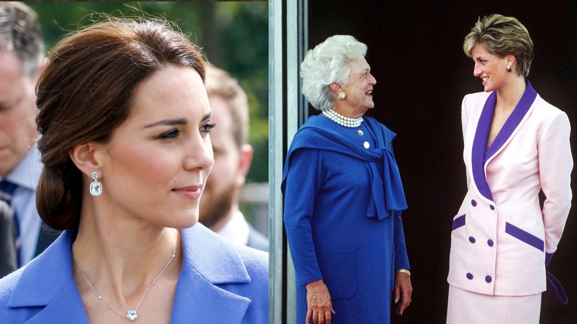 Kate Middleton in a blue coat and blue topaz earrings looking to the right and Barbara Bush and Princess Diana smiling at each other