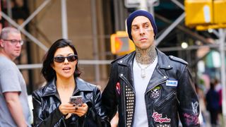 new york, new york october 16 kourtney kardashian and travis barker are seen on october 16, 2021 in new york city photo by gothamgc images