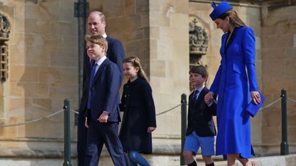 ) Prince George of Wales, Prince William, Prince of Wales, Princess Charlotte of Wales, Prince Louis of Wales and Catharine, Princess of Wales attend the Easter Mattins Service at Windsor Castle on April 9, 2023 in Windsor, England. 