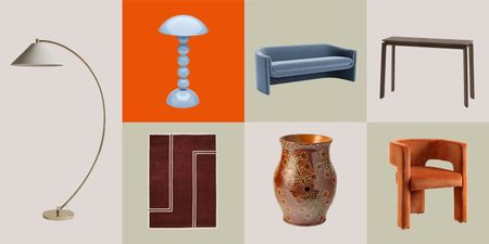 Curved floor lamp, blue playful table light, orange dining chair, vase, burgundy rug, velvet sofa, wooden console table