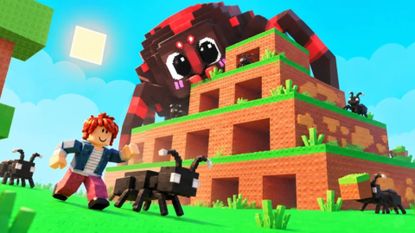 A giant spider overlooks an ants nest in Build an Ant Empire on Roblox.