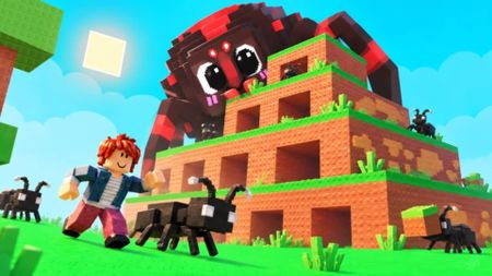 A giant spider overlooks an ants nest in Build an Ant Empire on Roblox.