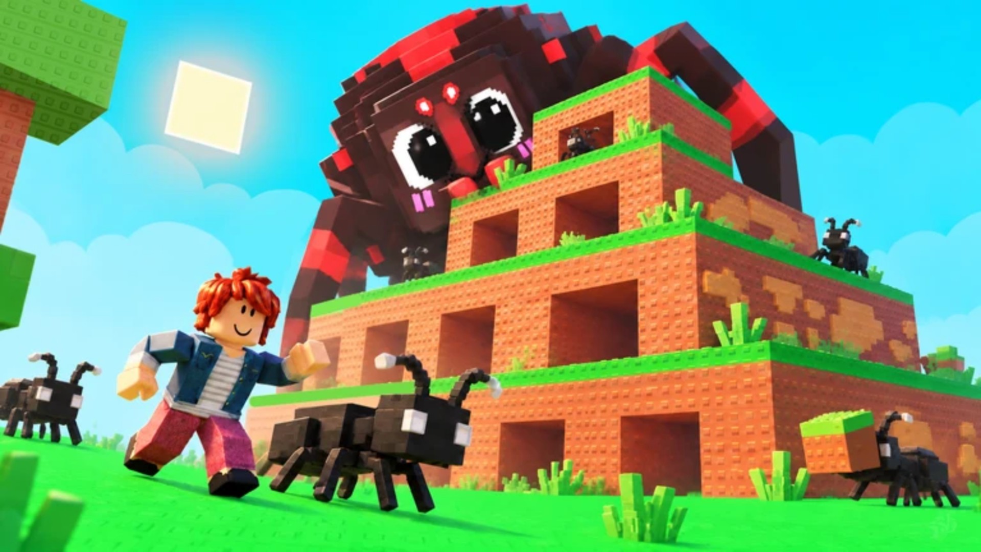 A giant spider overlooks an ants nest in Build an Ant Empire on Roblox.