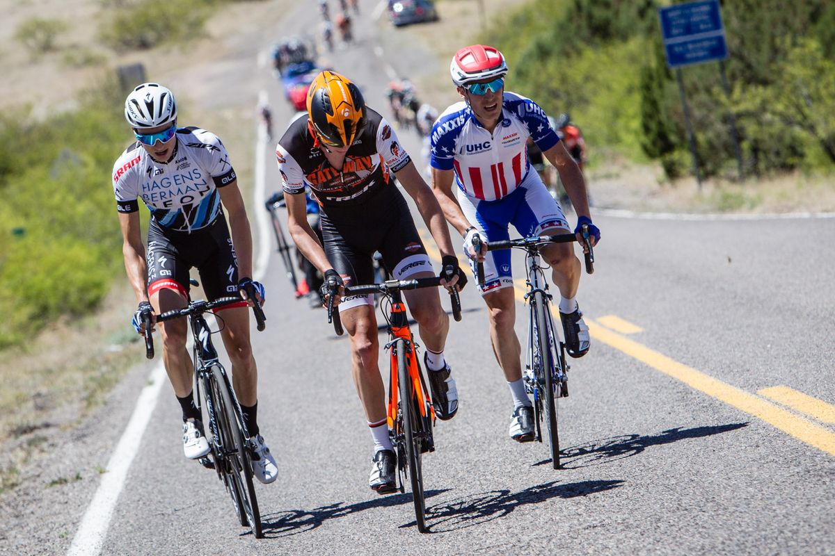 Riders hit the base of todays steep finishing climb