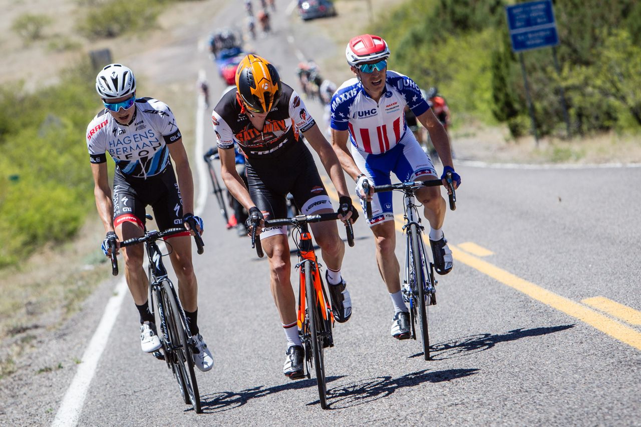Riders hit the base of todays steep finishing climb