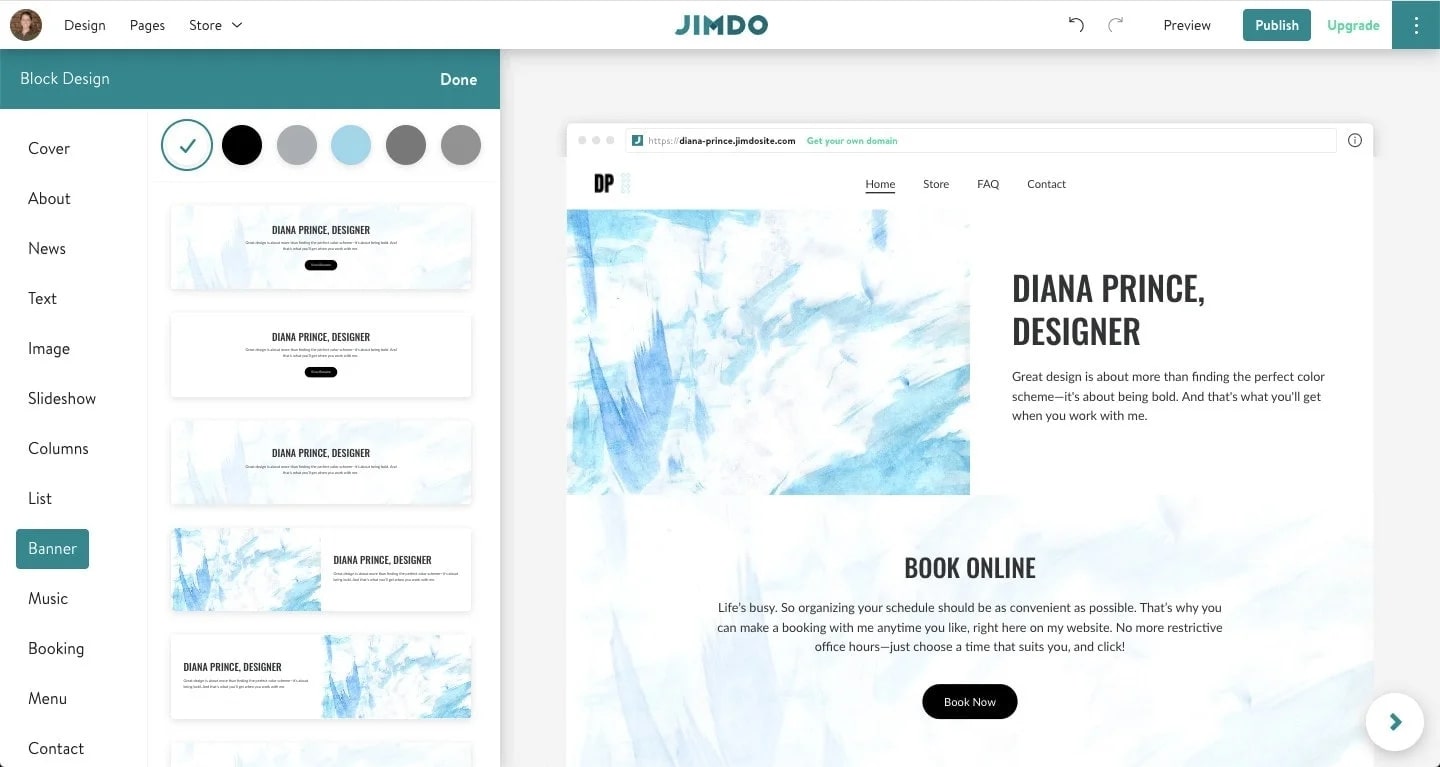 Jimdo's website editor in use