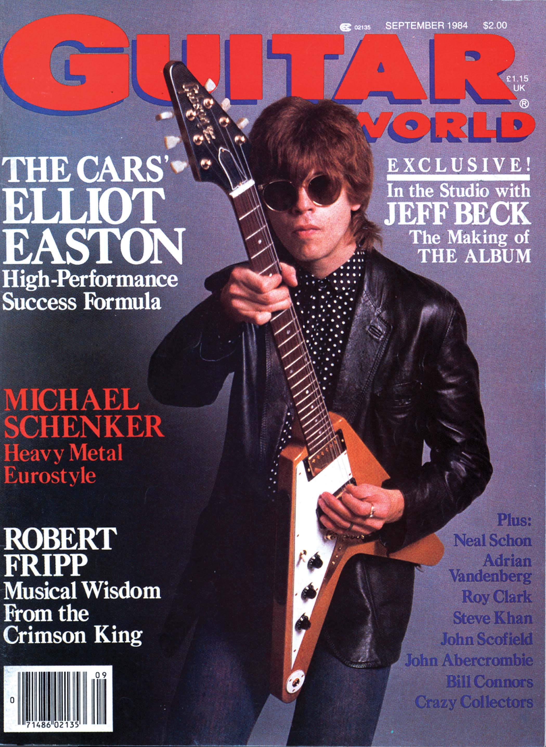 The cover of Guitar World's September 1984 issue featuring Elliot Easton of the Cars with a 982 Gibson Custom Shop left-handed Flying V.