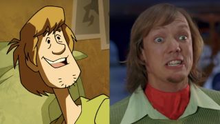 Side by side: Shaggy smiling in Mystery Inc., Matthew Lillard as Shaggy in Scooby-Doo 2: Monsters Unleashed