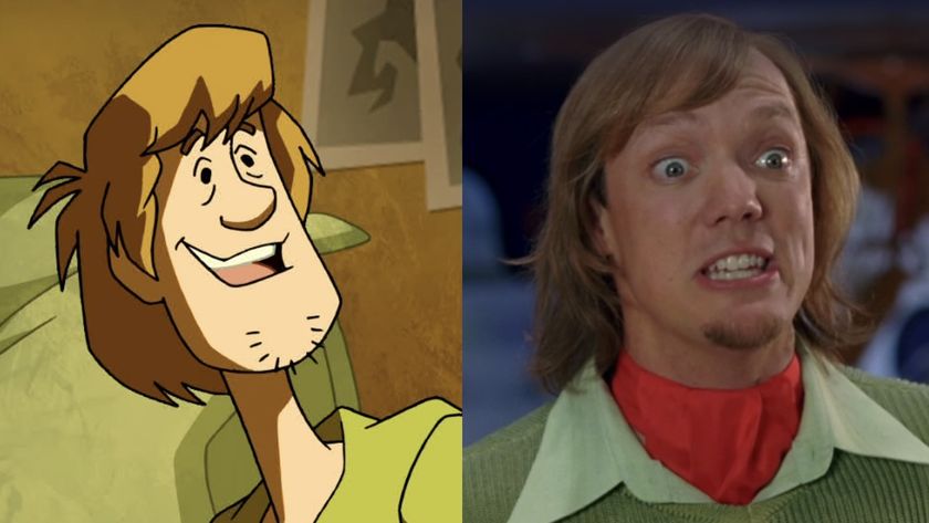Side by side: Shaggy smiling in Mystery Inc., Matthew Lillard as Shaggy in Scooby-Doo 2: Monsters Unleashed
