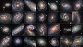 collage of galaxies in a grid, with seven galaxies across and four galaxies down