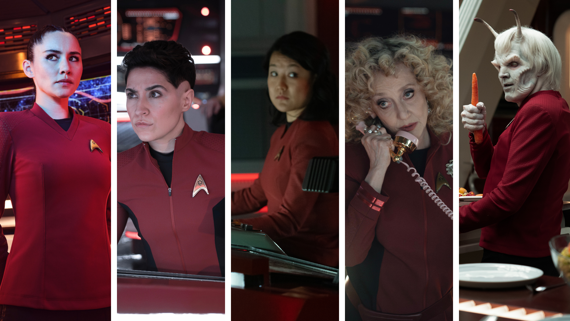 Split image showing (left to right): Lieutenant La'An Noonien Singh (Christina Chong), Lieutenant Erica Ortegas (Melissa Navia), Lieutenant Jenna Mitchell (Rong Fu), Commander Pelia (Carol Kane), and Lieutenant Hemmer (Bruce Horak)