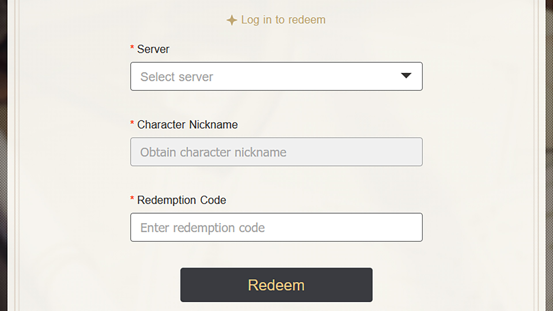 The Genshin Impact code redemption screen on the official website