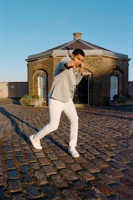 Grey single-breasted jacket, White jeans, White sneakers