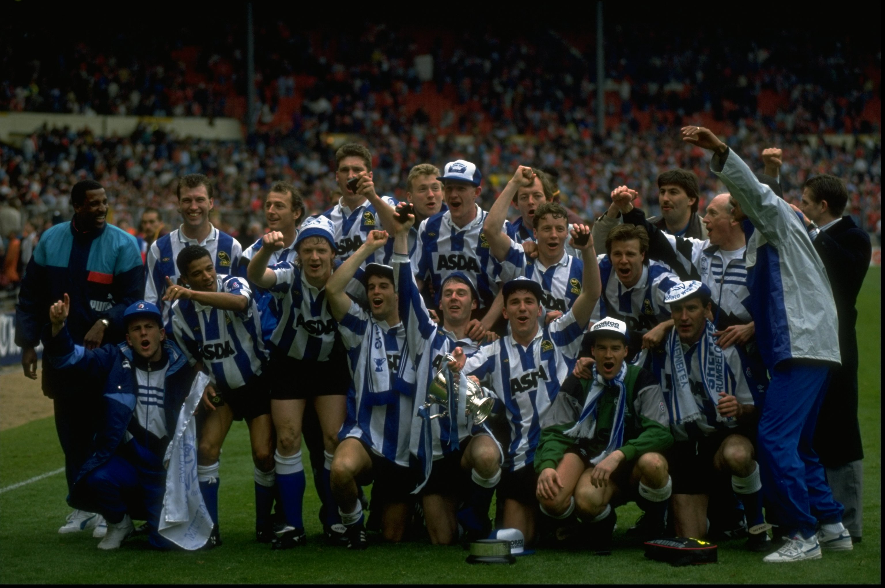 Sheffield Wednesday players celebrate their League Cup final win over Manchester United in April 1991.