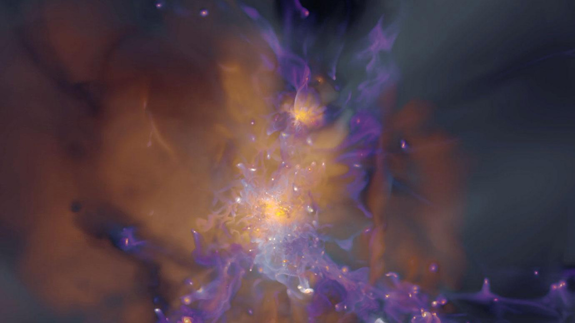 A series of gold and purple lights in deep space.