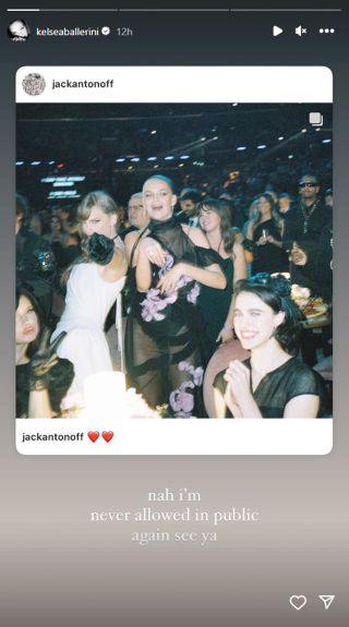 Kelsea Ballerini reposting Jack Antonoff's post of her and Taylor Swift posing together. She wrote "Nah I'm never allowed in public again see ya."