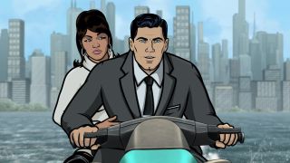 Archer and Lana on motorcycle in Archer