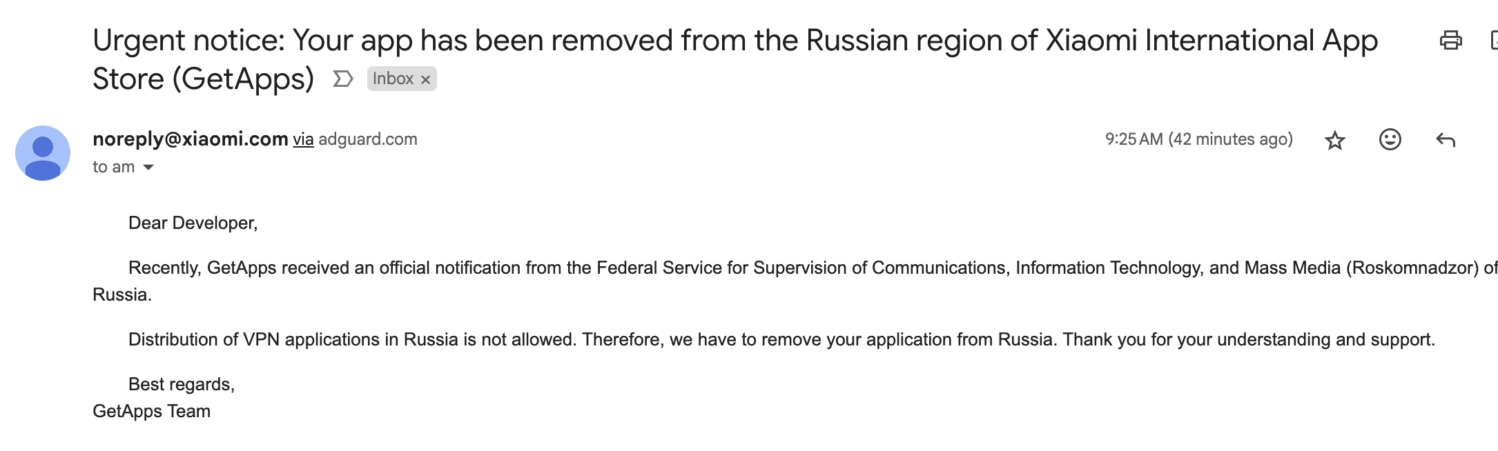 Screenshot of Xiaomi's email sent to AdGuard on May 16, 2025, to notify its VPN app has been removed from its Russian app store